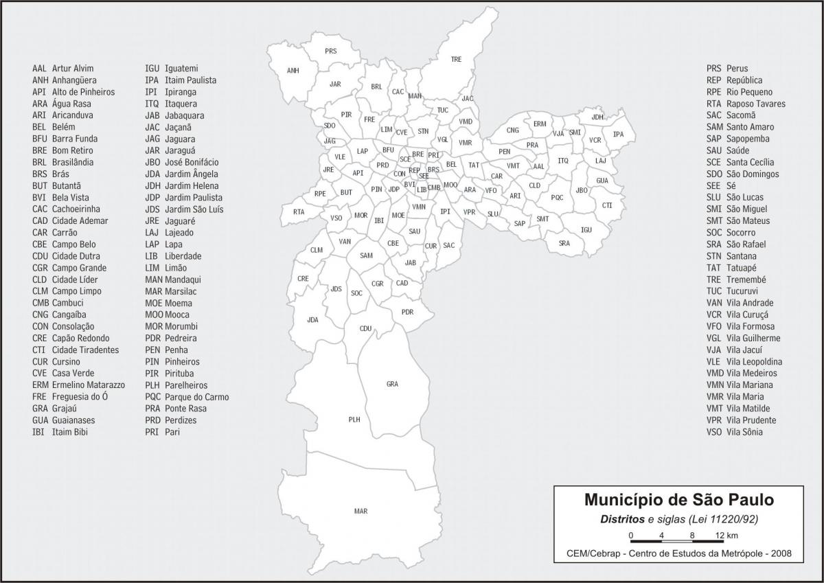 Mapa dos distritos de São Paulo