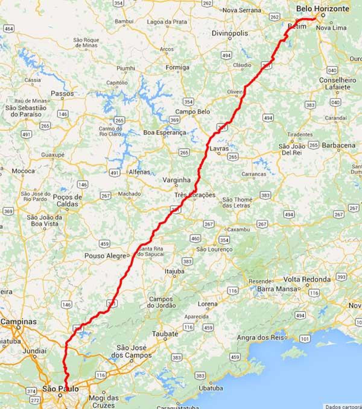 Mapa da rodovia Fernão Dias - BR 381