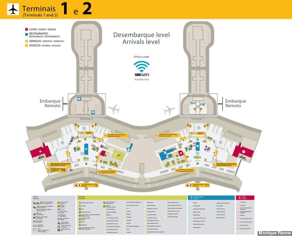 Mapa do aeroporto internacional de São Paulo-Guarulhos - os Terminais 1 e 2