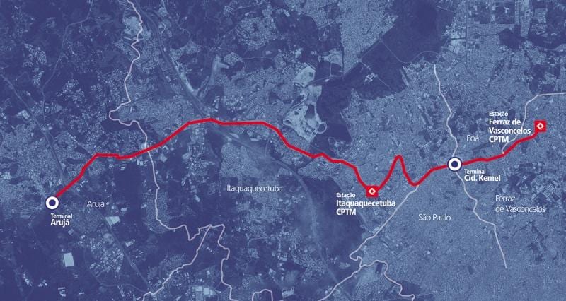 Mapa do corredor BRT metropolitano Perimetral Alto Tietê
