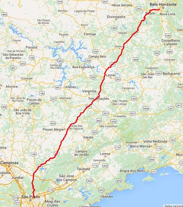 Mapa da rodovia Fernão Dias - BR 381