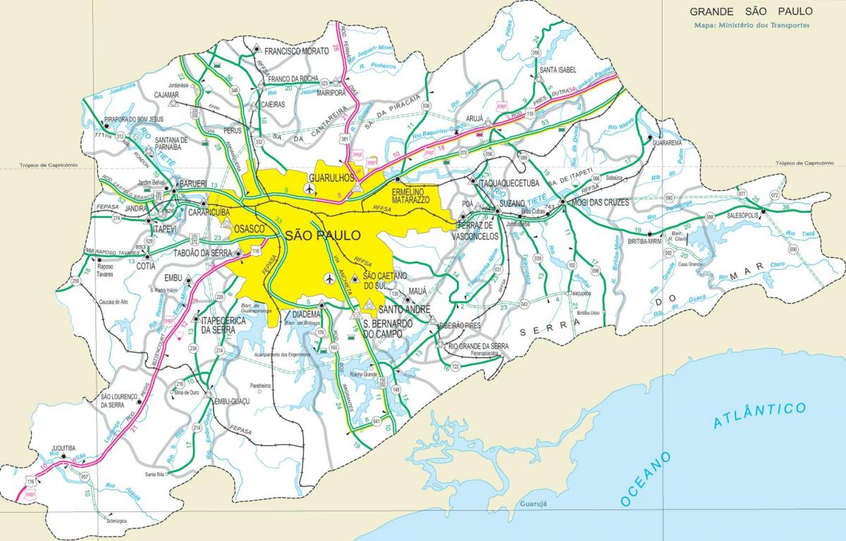 Mapa de estradas de rodagem periferia de São Paulo