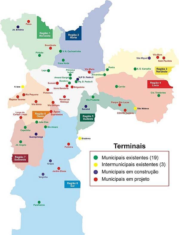 Mapa dos terminais de ônibus de São Paulo