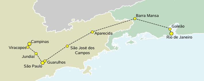 Mapa de comboios de alta velocidade de São Paulo